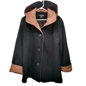 1 Madison Black Camel Wool Blend 4 Button Hooded Coat Jacket Size XL